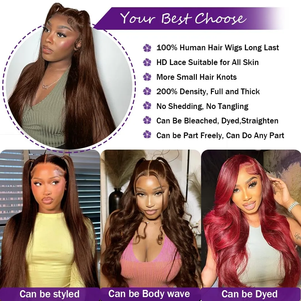 34 Inch Chocolate Brown Lace Front Wig Human Hair 200 Density 13x6 Transparent HD Straight Lace Front Wigs Human Hair Pre Plucked Colored Frontal Wigs Human Hair Brown Wig Human Hair Wigs for Women