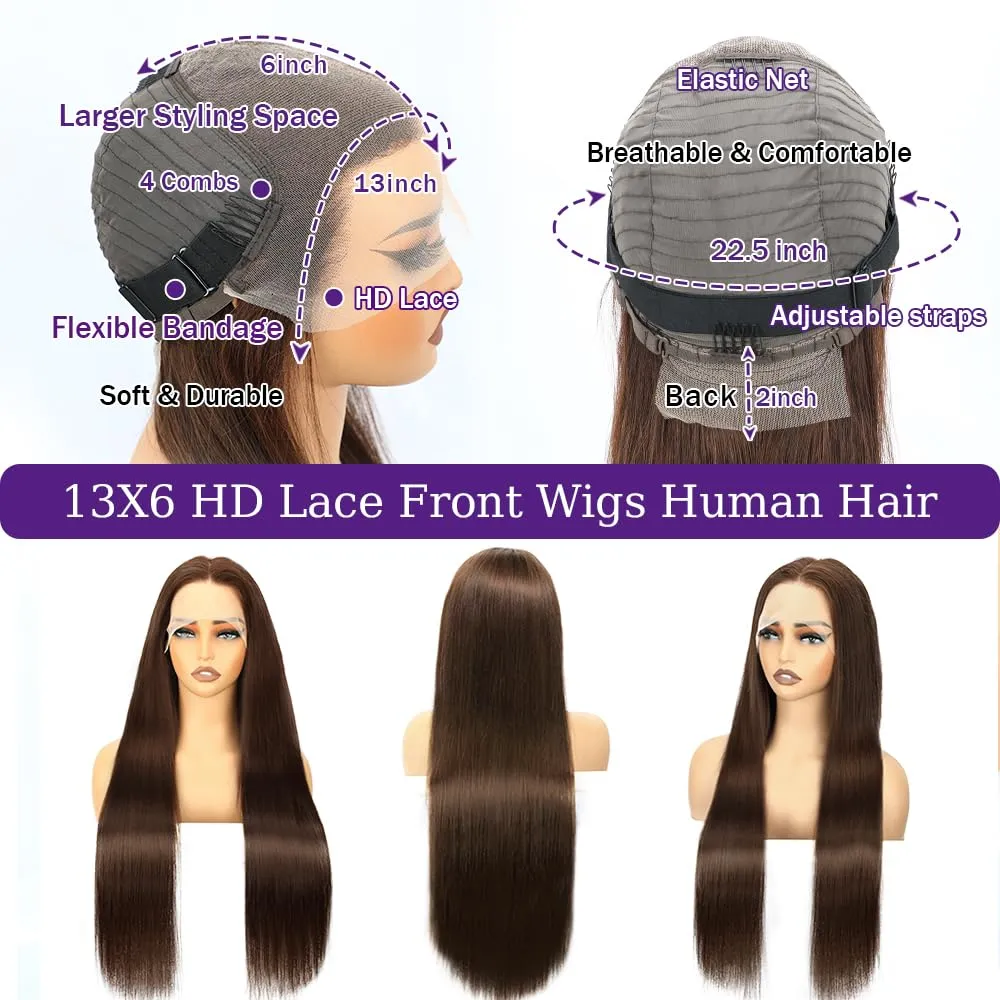 34 Inch Chocolate Brown Lace Front Wig Human Hair 200 Density 13x6 Transparent HD Straight Lace Front Wigs Human Hair Pre Plucked Colored Frontal Wigs Human Hair Brown Wig Human Hair Wigs for Women