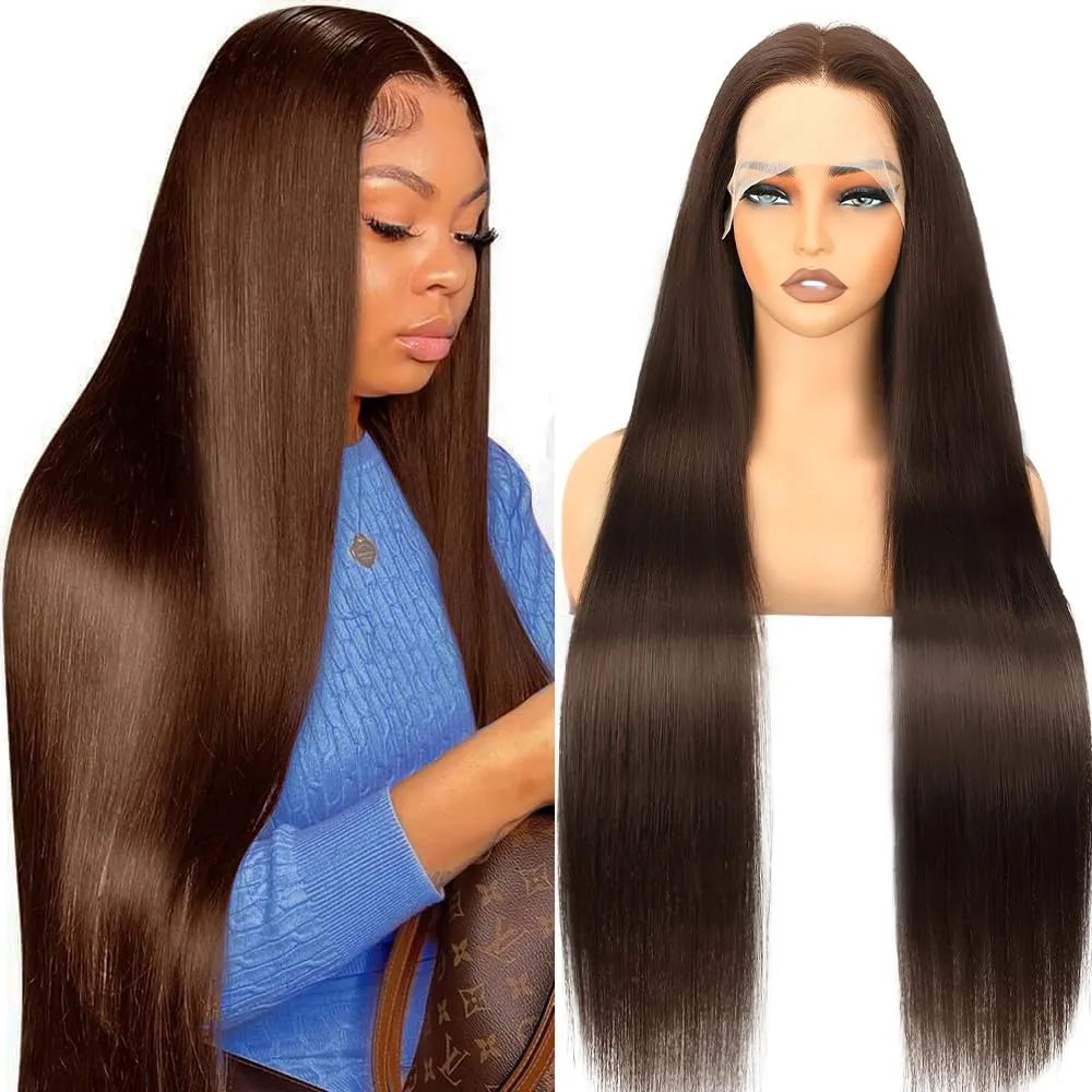34 Inch Chocolate Brown Lace Front Wig Human Hair 200 Density 13x6 Transparent HD Straight Lace Front Wigs Human Hair Pre Plucked Colored Frontal Wigs Human Hair Brown Wig Human Hair Wigs for Women