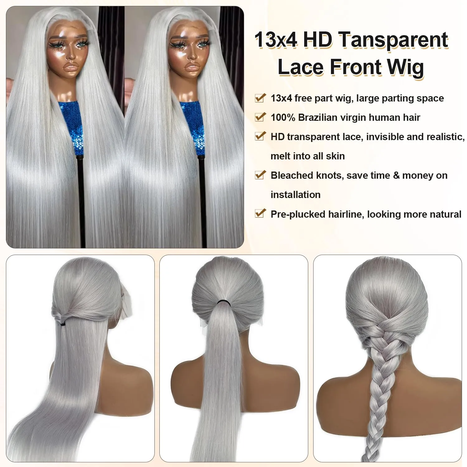 34 Inch Lace Front Wigs Human Hair Grey Color Straight 13x4 HD Lace Frontal Wigs Pre Plucked Natural Hairline 180% Density Silver Gray Brazilian Virgin Human Hair Wig for Black Women Long Tangle Free