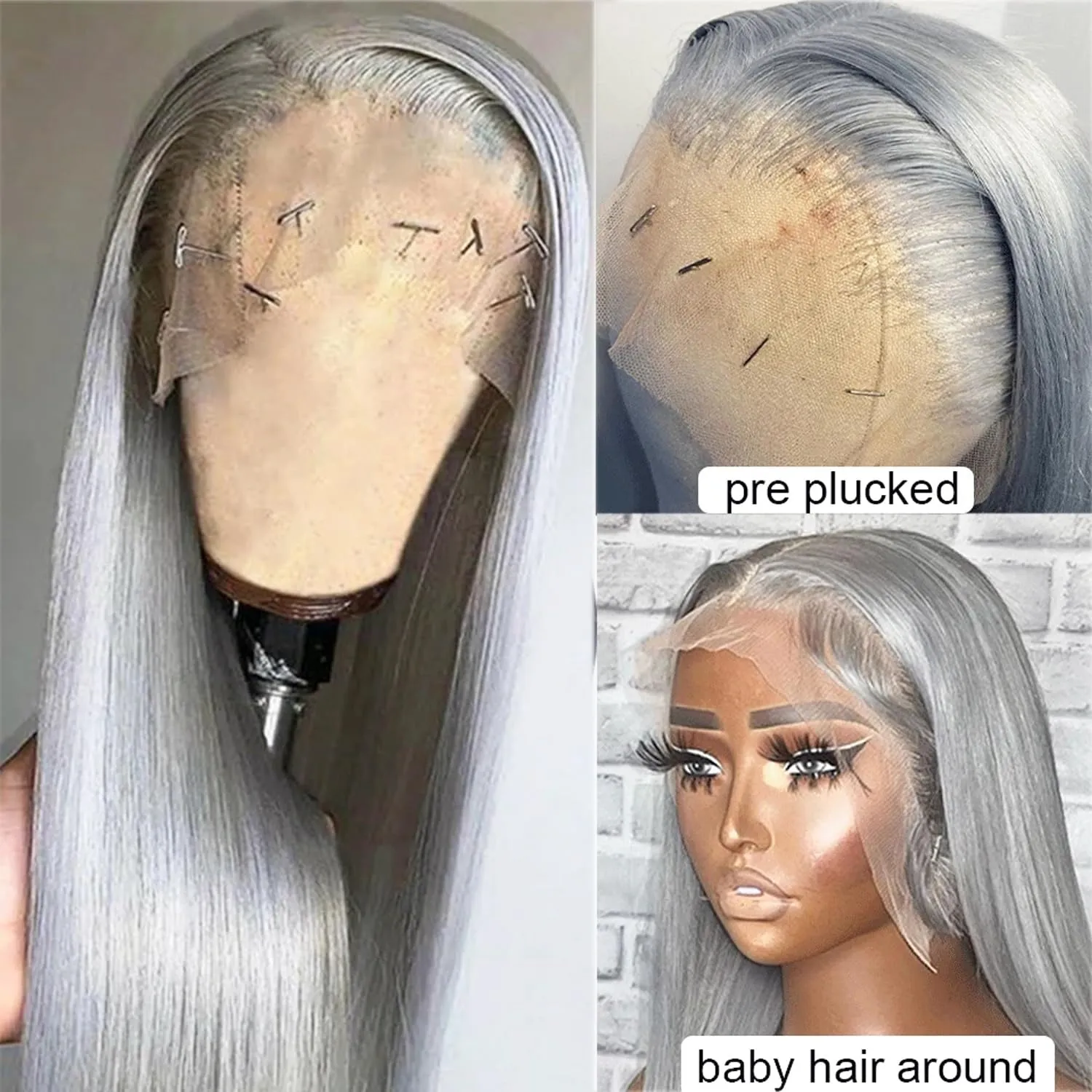 34 Inch Lace Front Wigs Human Hair Grey Color Straight 13x4 HD Lace Frontal Wigs Pre Plucked Natural Hairline 180% Density Silver Gray Brazilian Virgin Human Hair Wig for Black Women Long Tangle Free