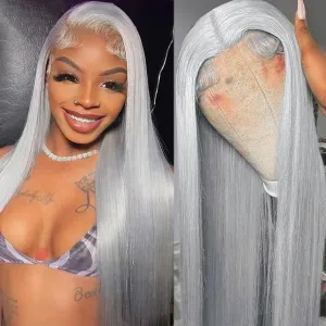 34 Inch Lace Front Wigs Human Hair Grey Color Straight 13x4 HD Lace Frontal Wigs Pre Plucked Natural Hairline 180% Density Silver Gray Brazilian Virgin Human Hair Wig for Black Women Long Tangle Free