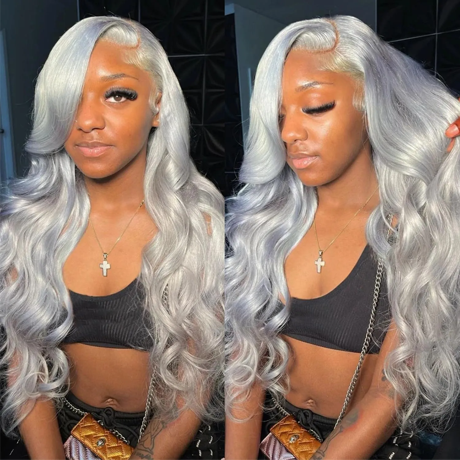 34 Inch Lace Front Wigs Human Hair Grey Color Straight 13x4 HD Lace Frontal Wigs Pre Plucked Natural Hairline 180% Density Silver Gray Brazilian Virgin Human Hair Wig for Black Women Long Tangle Free