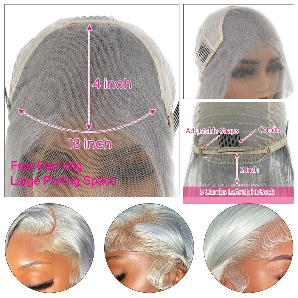 34 Inch Lace Front Wigs Human Hair Grey Color Straight 13x4 HD Lace Frontal Wigs Pre Plucked Natural Hairline 180% Density Silver Gray Brazilian Virgin Human Hair Wig for Black Women Long Tangle Free