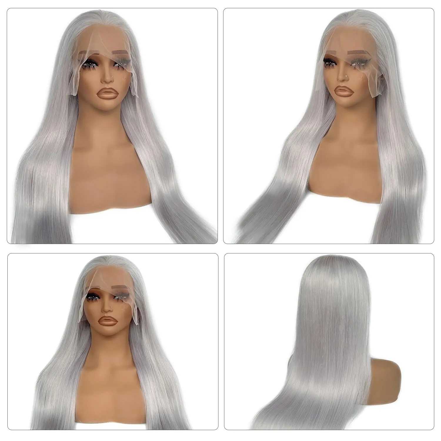 34 Inch Lace Front Wigs Human Hair Grey Color Straight 13x4 HD Lace Frontal Wigs Pre Plucked Natural Hairline 180% Density Silver Gray Brazilian Virgin Human Hair Wig for Black Women Long Tangle Free