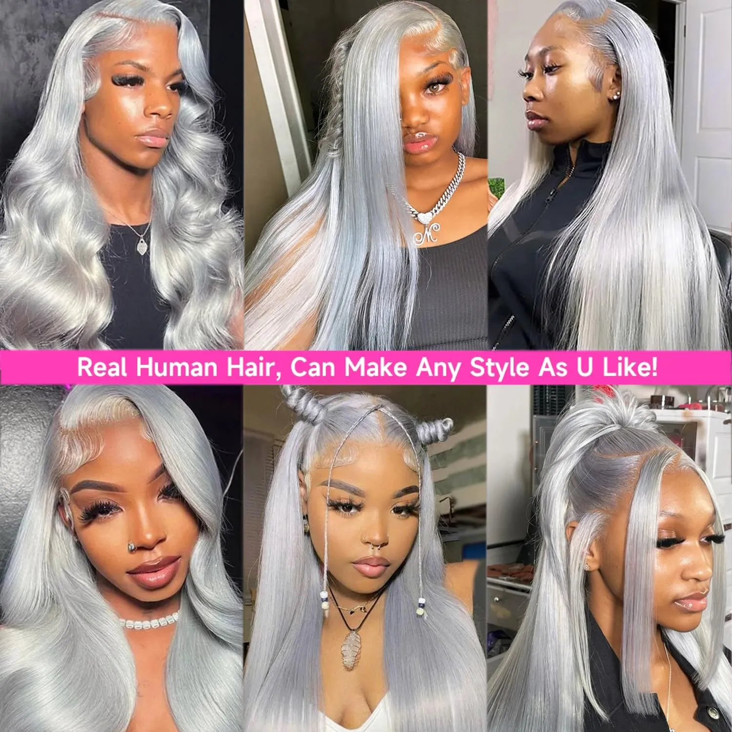 34 Inch Lace Front Wigs Human Hair Grey Color Straight 13x4 HD Lace Frontal Wigs Pre Plucked Natural Hairline 180% Density Silver Gray Brazilian Virgin Human Hair Wig for Black Women Long Tangle Free
