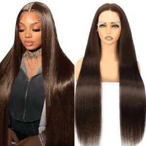 36 Inch Chocolate Brown Lace Front Wigs Human Hair Pre Bleached 200% Density 13x6 HD Straight Lace Front Wigs Pre Plucked with baby Hair