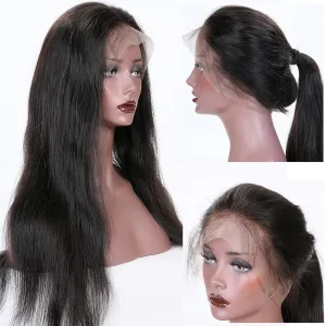 360 Lace Wigs Natural Straight Brazilian Virgin Human Hair Wigs with Pre Plucked Natural Hairline, Slightly Bleached Knots 150% Density Wigs with Baby Hair for Women Natural Color 14 Inches
