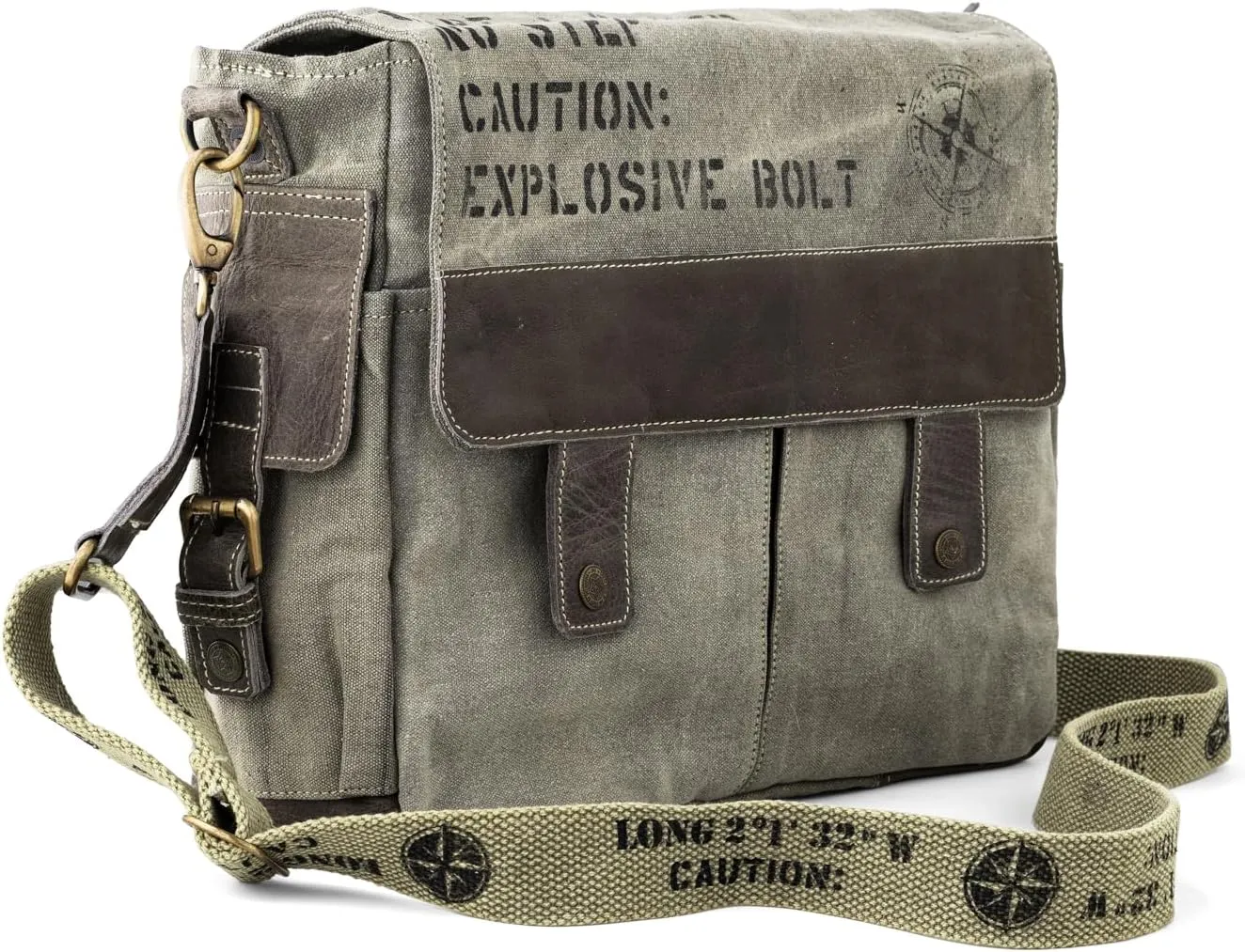 3B-Upcycled Vintage Military Leather Canvas Shoulder Bag Laptop Messenger Bags Medium Crossbody Purse, Boho Bag with 2 Straps