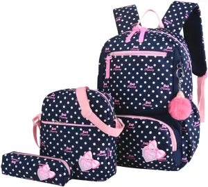 3Pcs Kids Backpack Bowknot Printed Daypack Girls 3 in 1 School Bag with Shoulder Bag and Pencil Bag