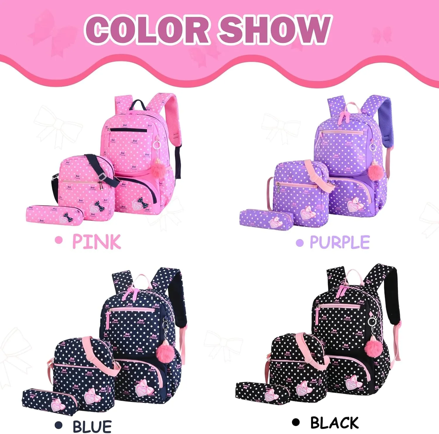 3Pcs Kids Backpack Bowknot Printed Daypack Girls 3 in 1 School Bag with Shoulder Bag and Pencil Bag