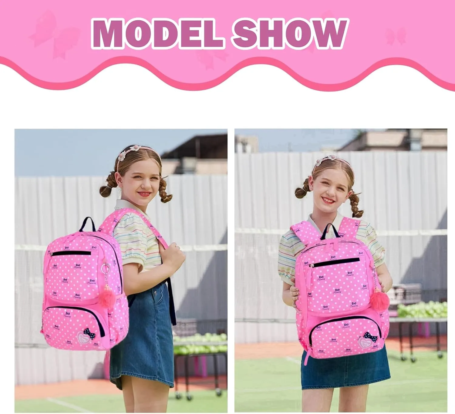 3Pcs Kids Backpack Bowknot Printed Daypack Girls 3 in 1 School Bag with Shoulder Bag and Pencil Bag