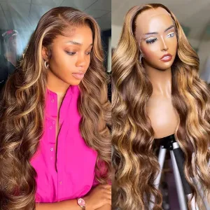 4/27 Ombre Colored 13x5 HD Lace Front Wigs Human Hair Pre Plucked With Baby Hair 180 Density Highlight Body Wave Frontal Wigs Human Hair 26 Inch