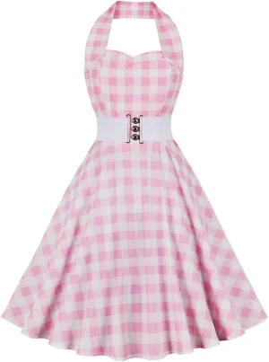 50s Pink Plaid Dresses for Women Vintage 1950s Pink Gingham Dress Spaghetti Straps Rockabilly Pinup Dresses Halloween Cosplay