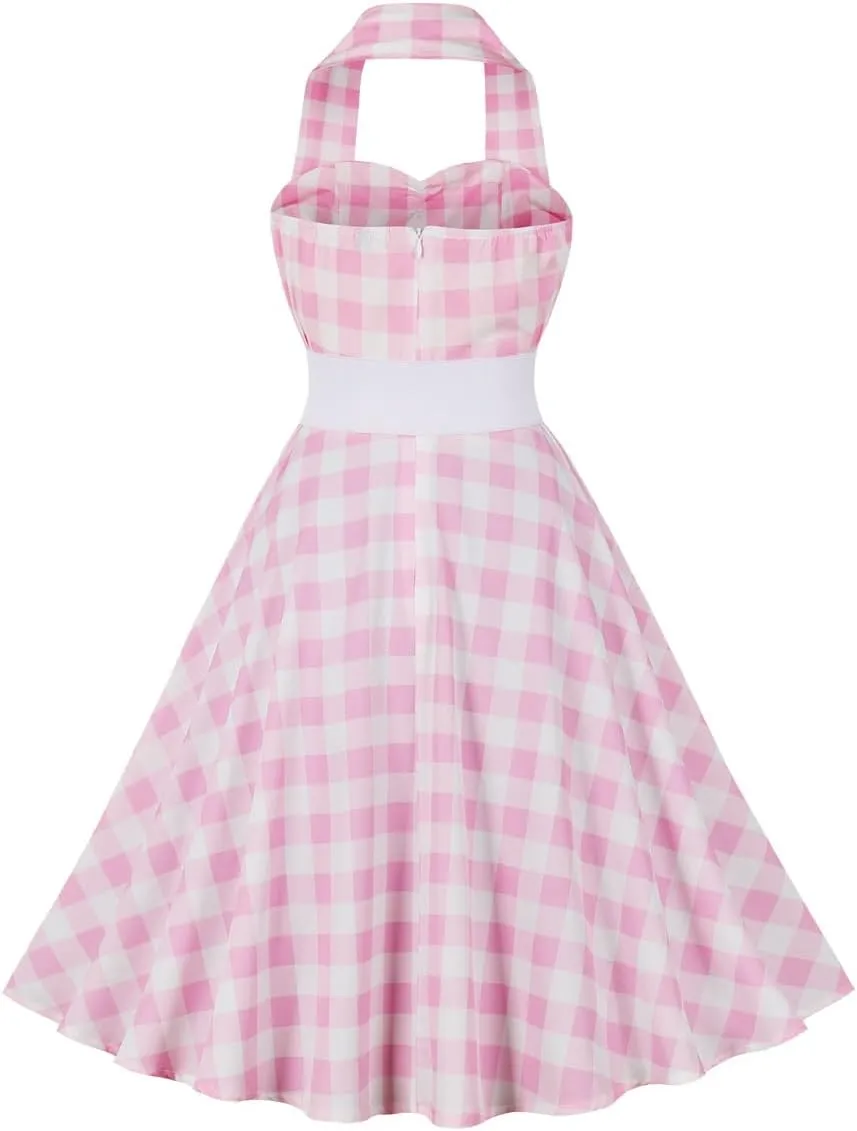 50s Pink Plaid Dresses for Women Vintage 1950s Pink Gingham Dress Spaghetti Straps Rockabilly Pinup Dresses Halloween Cosplay