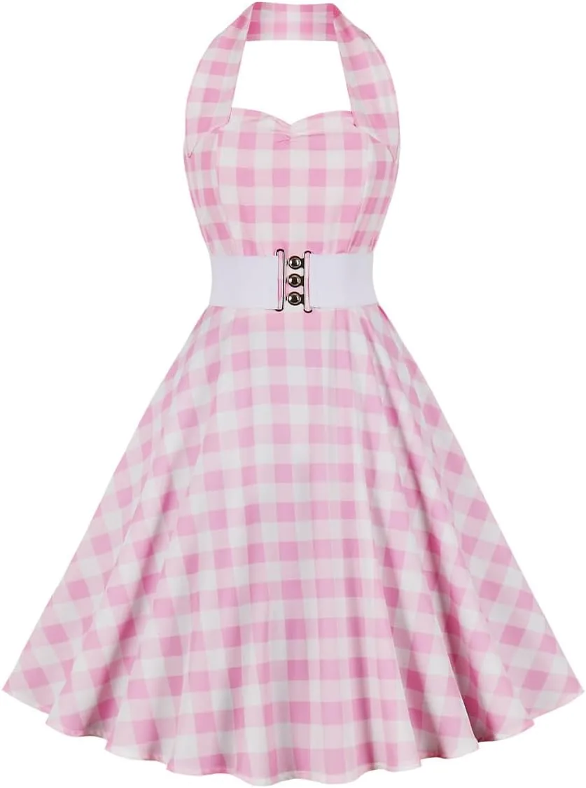 50s Pink Plaid Dresses for Women Vintage 1950s Pink Gingham Dress Spaghetti Straps Rockabilly Pinup Dresses Halloween Cosplay
