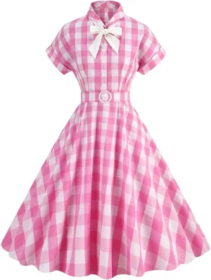 50s Pink Plaid Dresses for Women Vintage 1950s Pink Gingham Dress Spaghetti Straps Rockabilly Pinup Dresses Halloween Cosplay