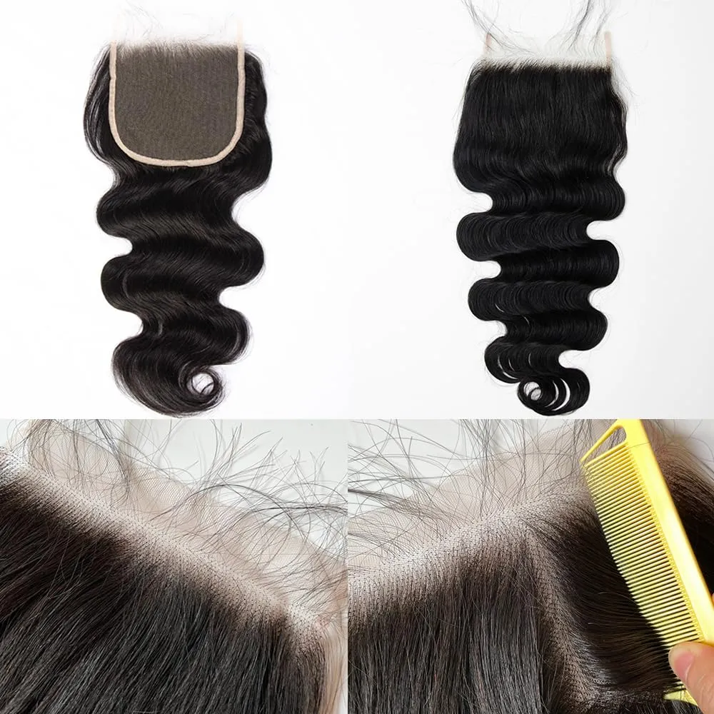 5x5 Lace Closure, Ultra-Thin Invisible HD Transparent Swiss Lace Closure Pre Plucked with Baby Hair 12A Grade Brazilian Human Hair Closure Body Wave Free Part Small Single Knots 16 Inch