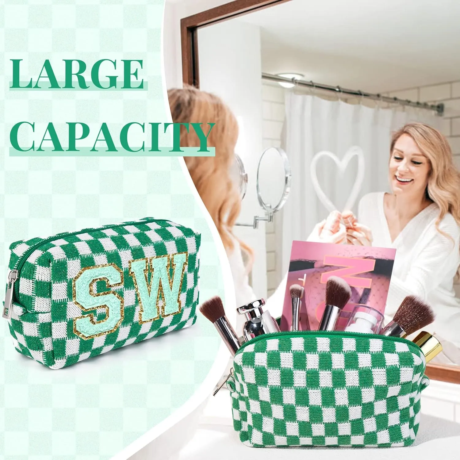 6 Pcs Preppy Makeup Bag Checkered Cosmetic Bag Bulk Green Makeup Pouch Personalize Travel Toiletry Bag Organizer Cute DIY Makeup Brushes Storage Bag for Women