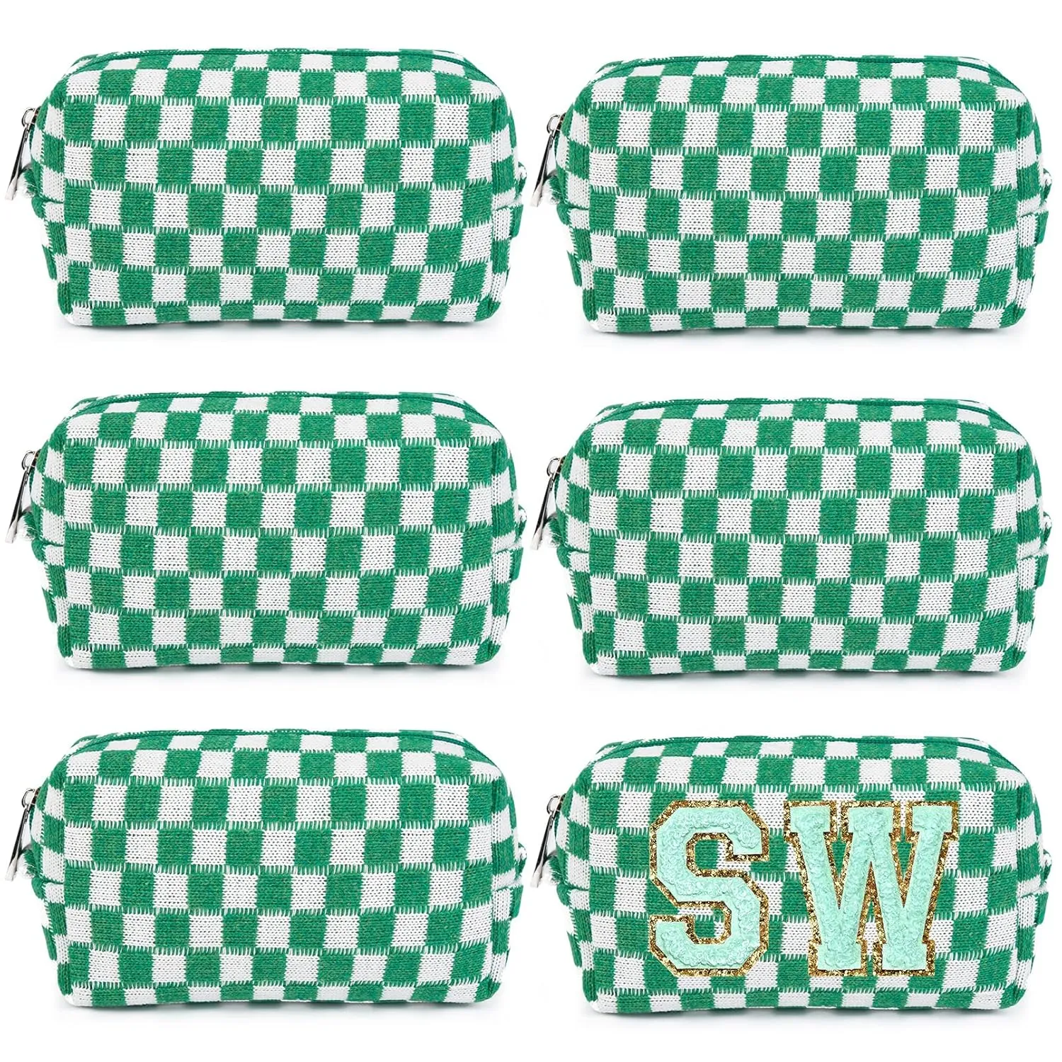 6 Pcs Preppy Makeup Bag Checkered Cosmetic Bag Bulk Green Makeup Pouch Personalize Travel Toiletry Bag Organizer Cute DIY Makeup Brushes Storage Bag for Women