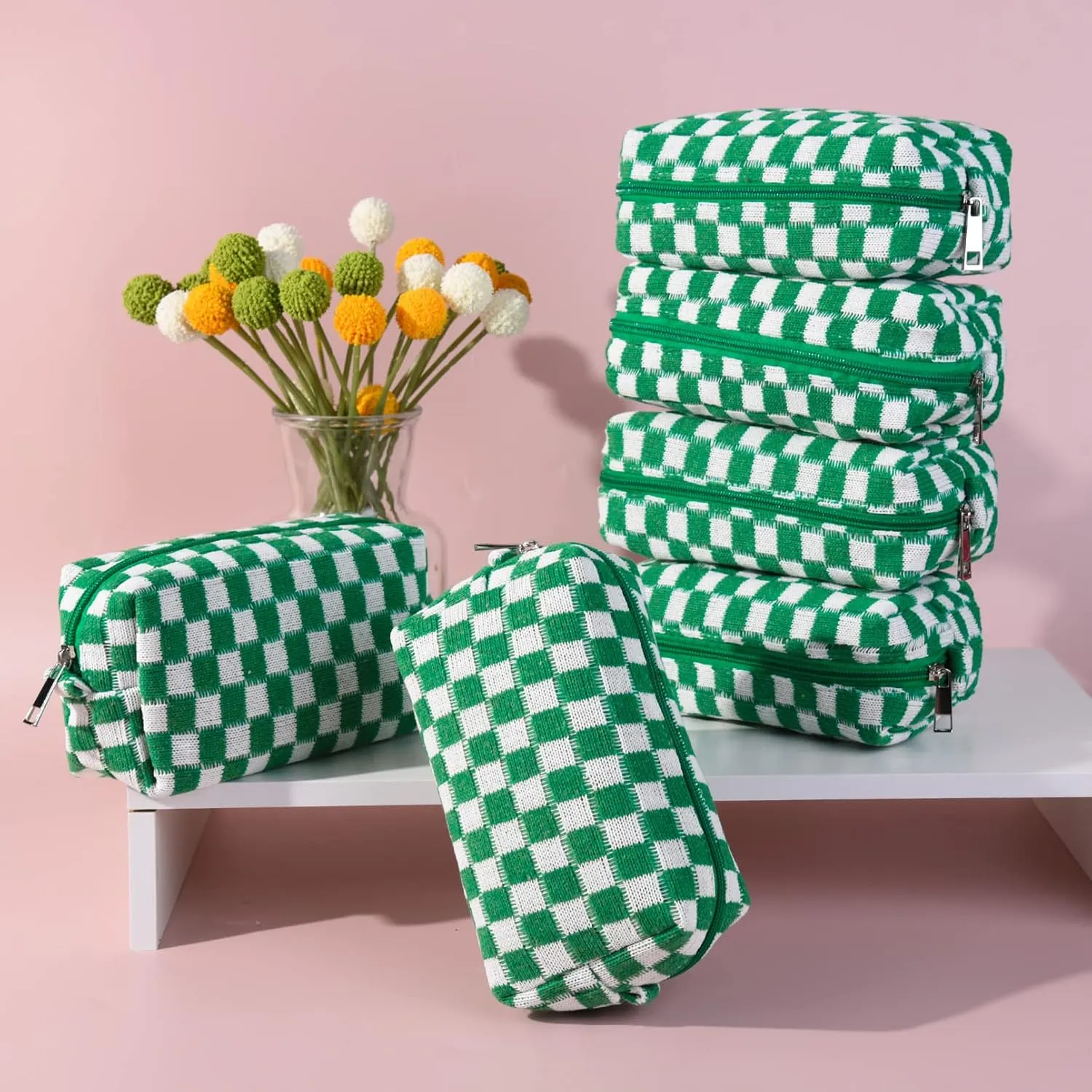 6 Pcs Preppy Makeup Bag Checkered Cosmetic Bag Bulk Green Makeup Pouch Personalize Travel Toiletry Bag Organizer Cute DIY Makeup Brushes Storage Bag for Women