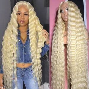 613 Blonde Deep Wave 13x6 HD Transparent Lace Front Wig Human Hair Pre Plucked Blonde Wig Human Hair with Baby Hair 180% Density for Women(28inches 613 13x6 Wig)