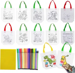 65 Pack Graffiti Goodie Bags for Kids Birthday Party Favors Art Class, Color Your Own Tote Bag,Eco Reusable Coloring Carnival Animal Art Party Goodie Bags(40 Bags  24 Color pens  1 pad) (A)