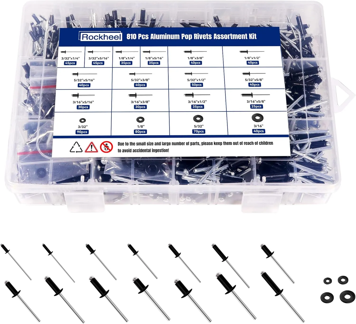 810PCS Black Pop Rivets Assortment Kit, 14 Sizes SAE Aluminum Blind Rivets, 1/8", 3/32", 5/32", 3/16" for Metal Furniture Marine Boat and Automotive, with 304 Stainless Steel Washers