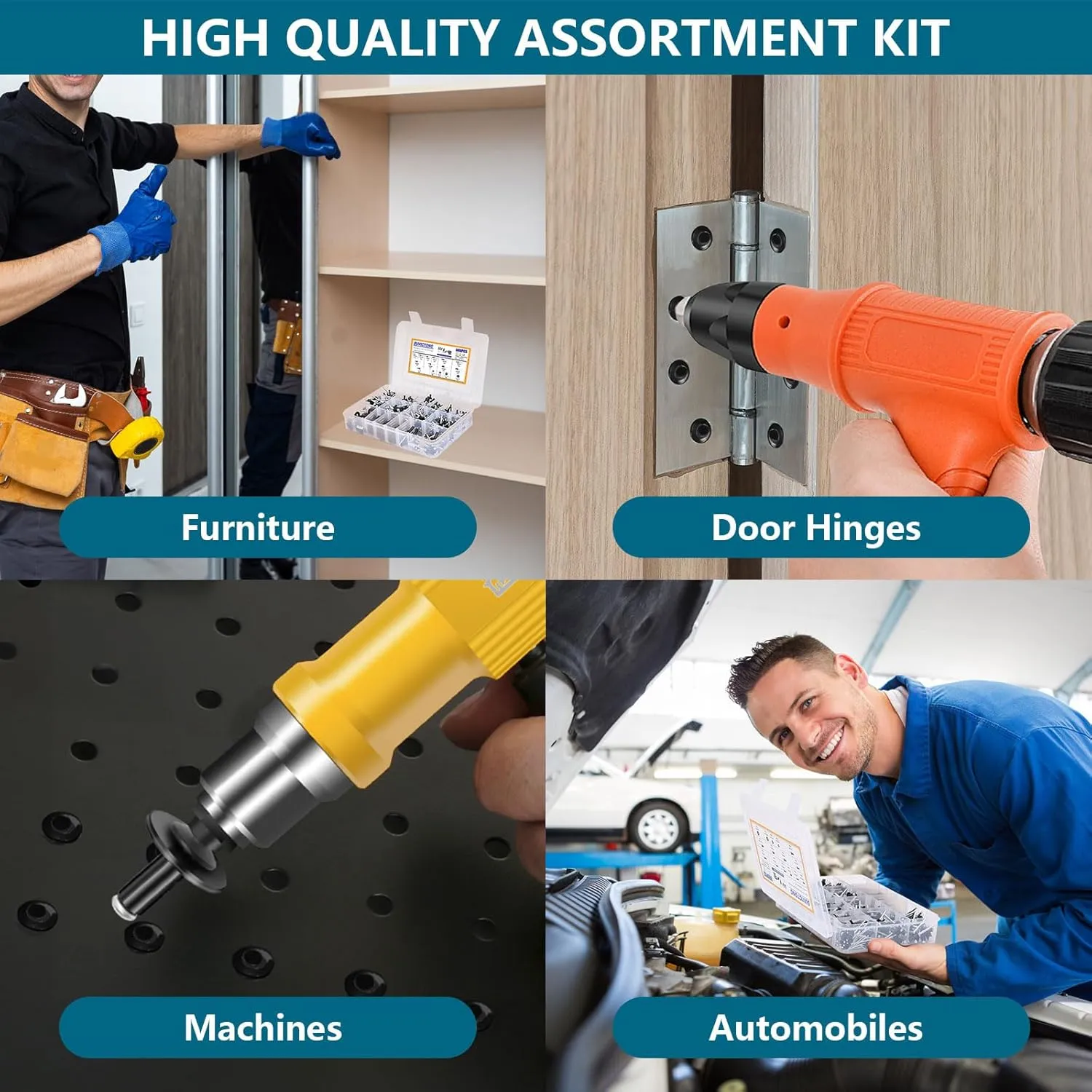 860pc Pop Rivet Assortment Kit, Black Rivets 3/32"-3/16" 11 Sizes with Washers, Aluminum Set for Furniture/Metal/Automotive