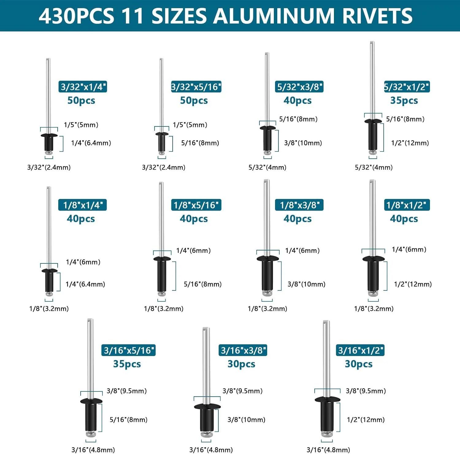860pc Pop Rivet Assortment Kit, Black Rivets 3/32"-3/16" 11 Sizes with Washers, Aluminum Set for Furniture/Metal/Automotive