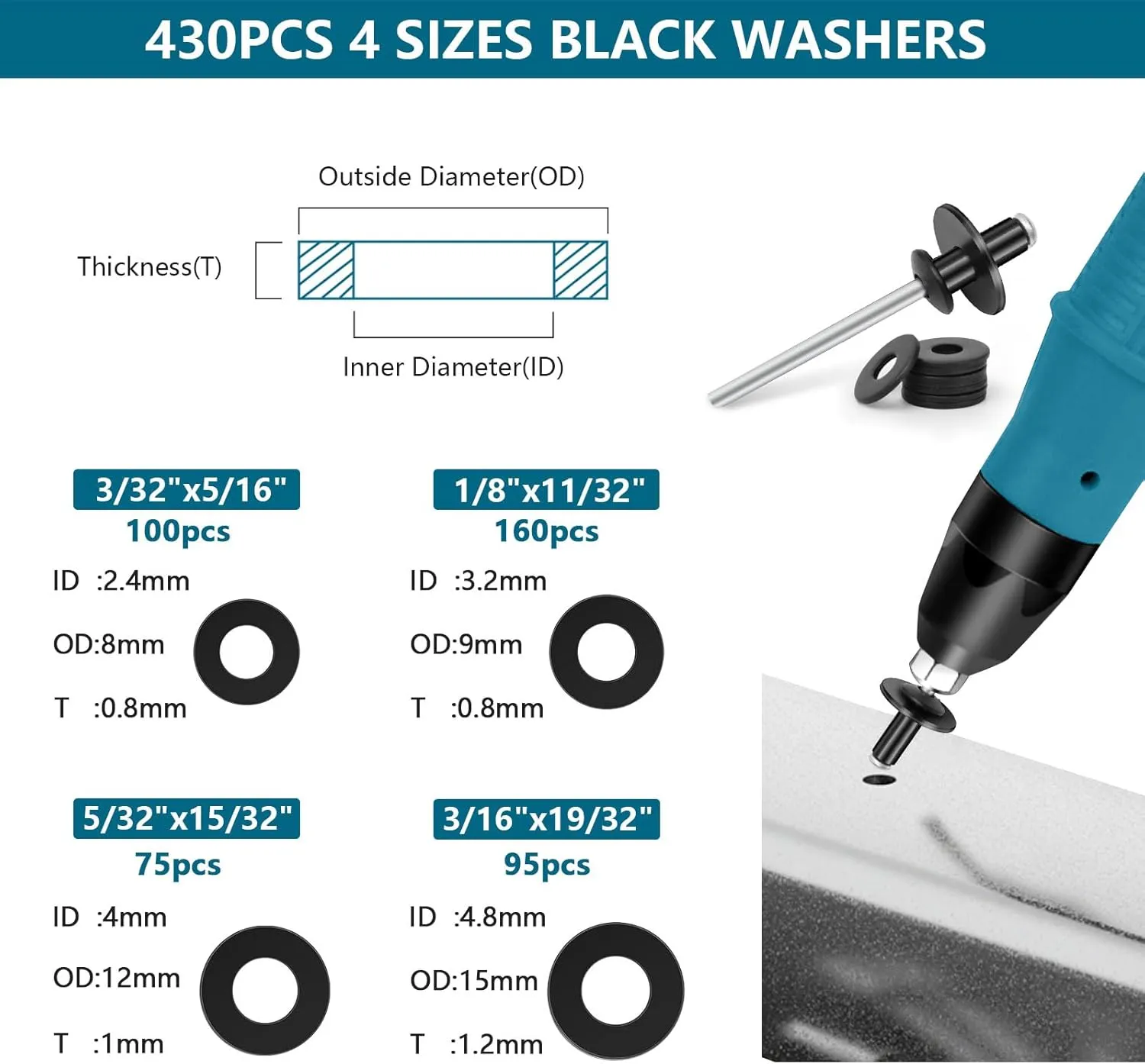 860pc Pop Rivet Assortment Kit, Black Rivets 3/32"-3/16" 11 Sizes with Washers, Aluminum Set for Furniture/Metal/Automotive
