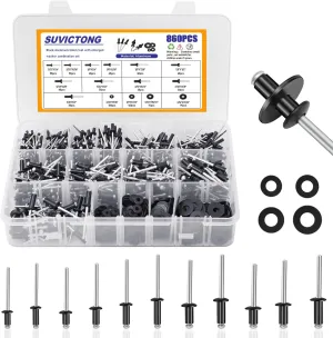 860pc Pop Rivet Assortment Kit, Black Rivets 3/32"-3/16" 11 Sizes with Washers, Aluminum Set for Furniture/Metal/Automotive