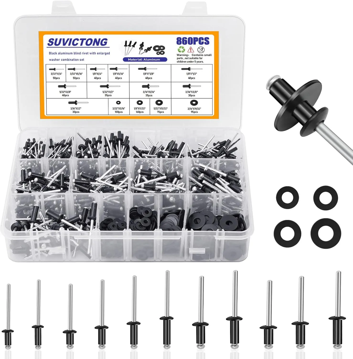 860pc Pop Rivet Assortment Kit, Black Rivets 3/32"-3/16" 11 Sizes with Washers, Aluminum Set for Furniture/Metal/Automotive