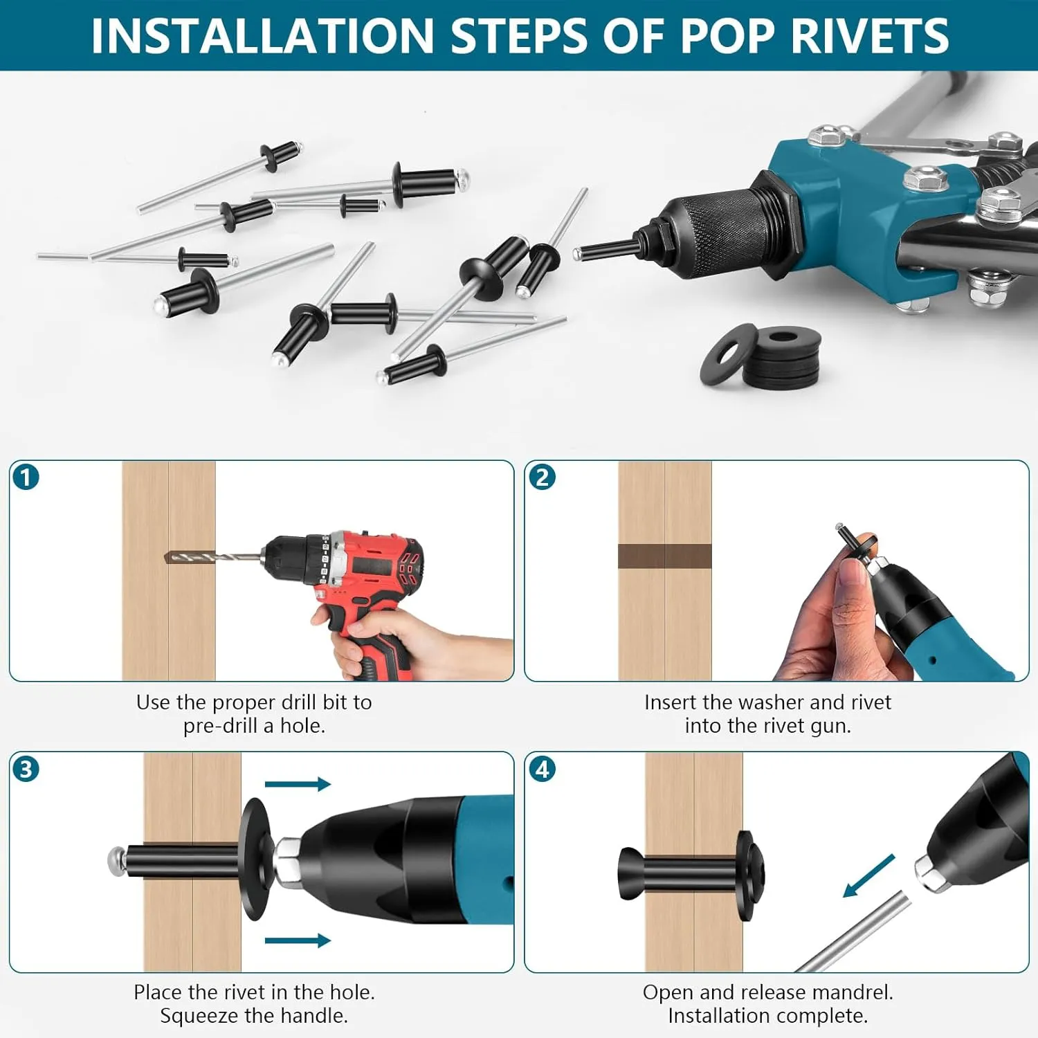 860pc Pop Rivet Assortment Kit, Black Rivets 3/32"-3/16" 11 Sizes with Washers, Aluminum Set for Furniture/Metal/Automotive