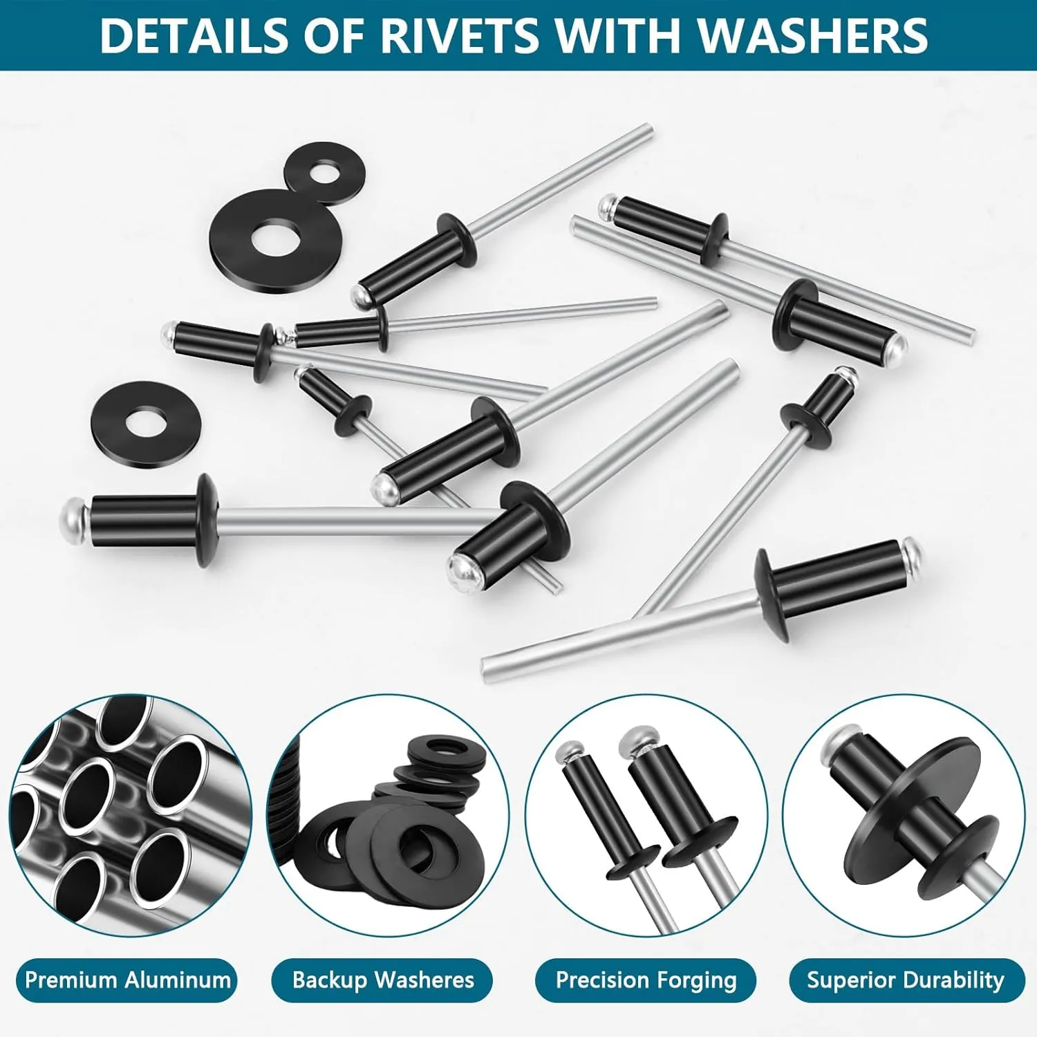 860pc Pop Rivet Assortment Kit, Black Rivets 3/32"-3/16" 11 Sizes with Washers, Aluminum Set for Furniture/Metal/Automotive