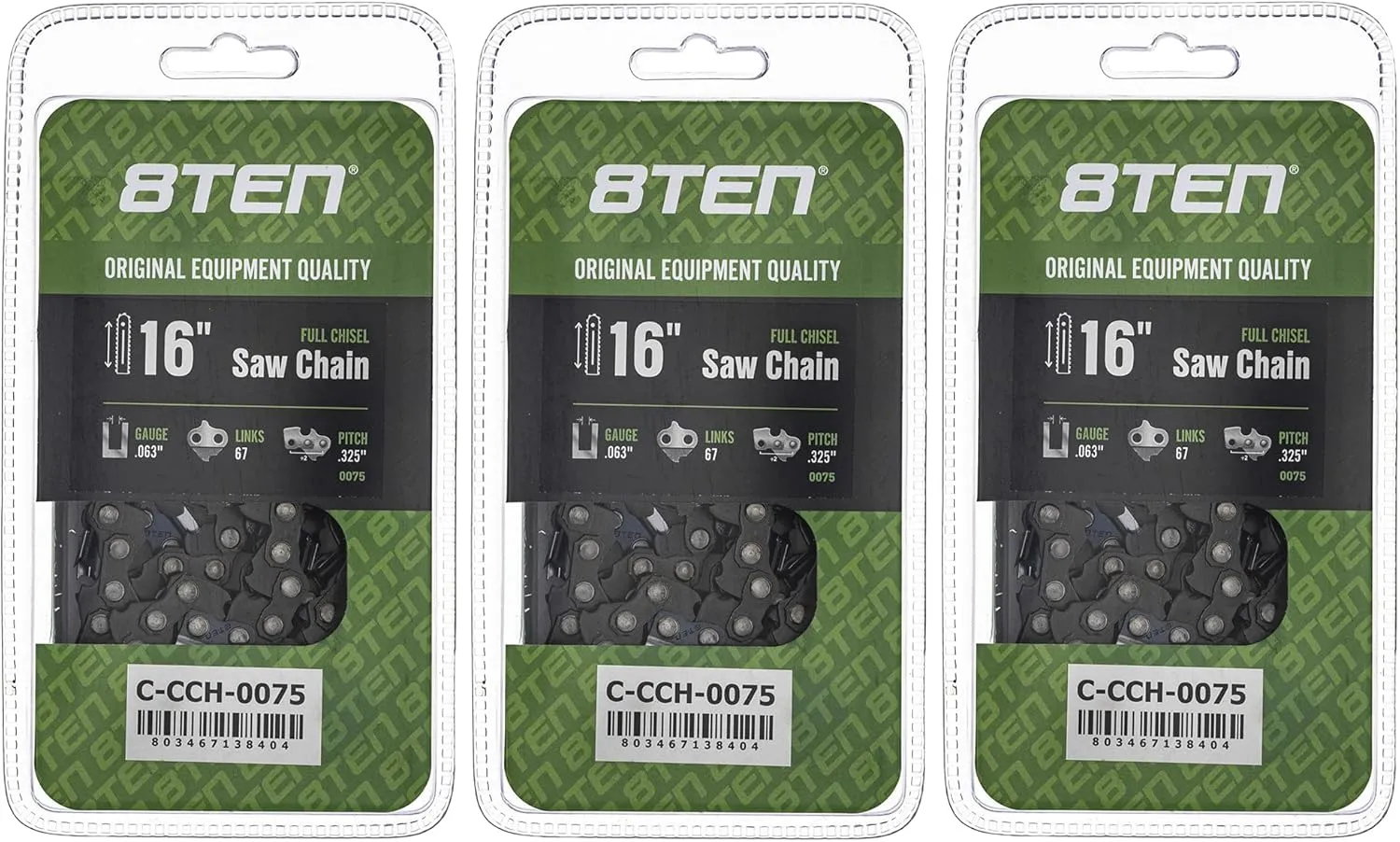 8TEN Full Chisel Chainsaw Chain 16 Inch .063 .325 67DL for Stihl 024 028 MS 261 290 361 390 3639 005 0067 (3 Pack)