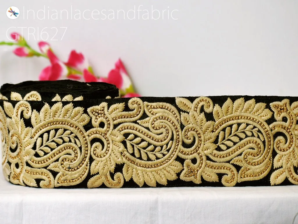 9 Yard Black 10cm Embroidered Paisley Fabric Decor Bags Indian Sari Border Sewing Embellish DIY Crafting Ribbon Runners Curtain Accessories