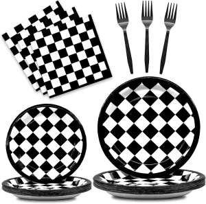 96 Pieces Racing Theme Party Supplies - Black and White Checkered Pattern Disposable Tableware with Paper Plates, Napkins, Forks for Race Car Dirt Bike Birthday Decorations, Sports Events Celebrations