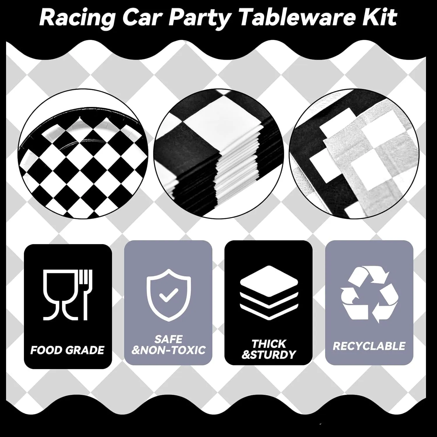 96 Pieces Racing Theme Party Supplies - Black and White Checkered Pattern Disposable Tableware with Paper Plates, Napkins, Forks for Race Car Dirt Bike Birthday Decorations, Sports Events Celebrations
