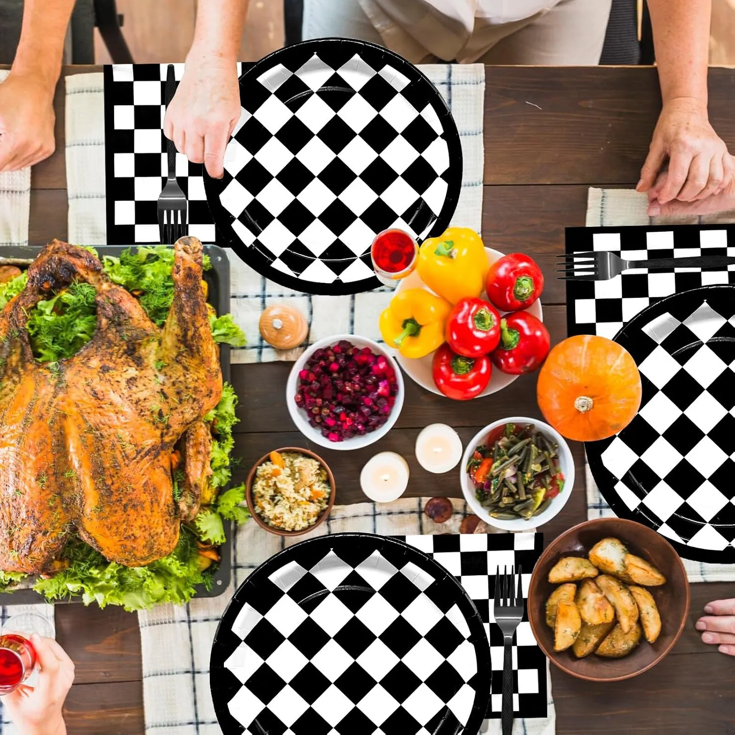 96 Pieces Racing Theme Party Supplies - Black and White Checkered Pattern Disposable Tableware with Paper Plates, Napkins, Forks for Race Car Dirt Bike Birthday Decorations, Sports Events Celebrations