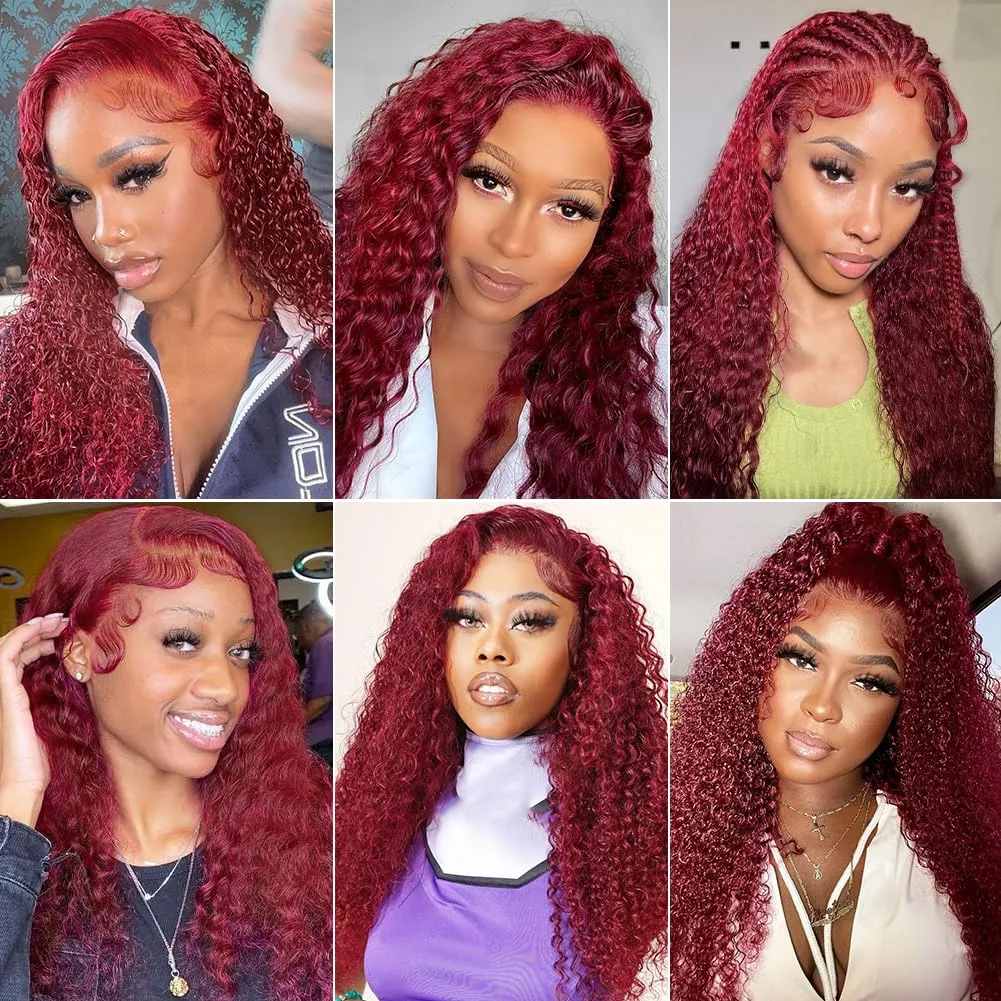99j Burgundy Deep Wave Lace Front Wigs Human Hair 13x4 180% Density Transparent Lace Frontal Wigs Curly Wigs for Women Red Curly Wigs Pre Plucked with Baby Hair 99j Lace Front Human Hair Wigs (22inch)