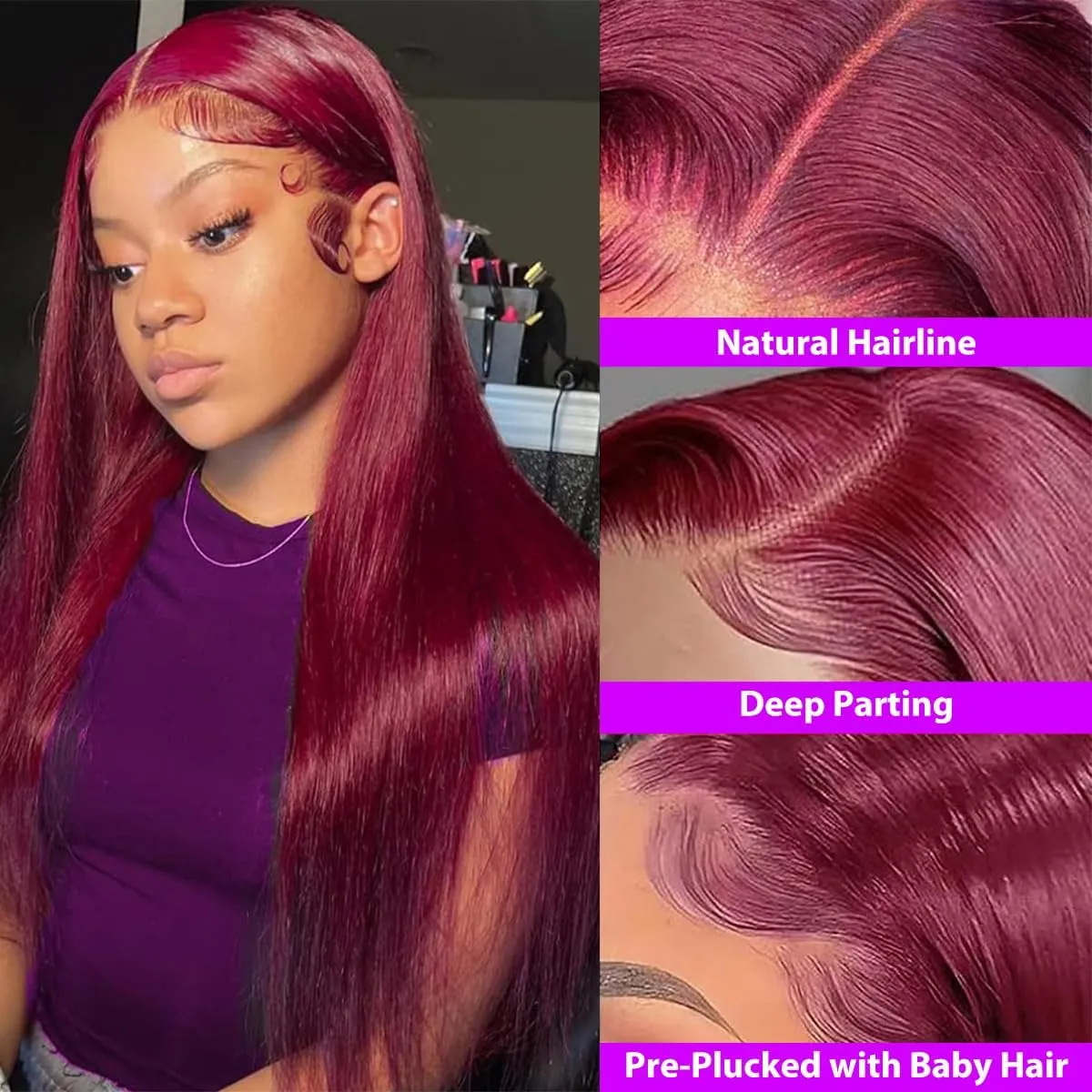 99J Burgundy Lace Front Wig Human Hair 13x6 Burgundy Lace Front Wigs Human Hair Pre Plucked With Baby Hair 200 Density Straight Lace Frontal Wigs Human Hair For Women (30 Inch, 99J Burgundy Wig)