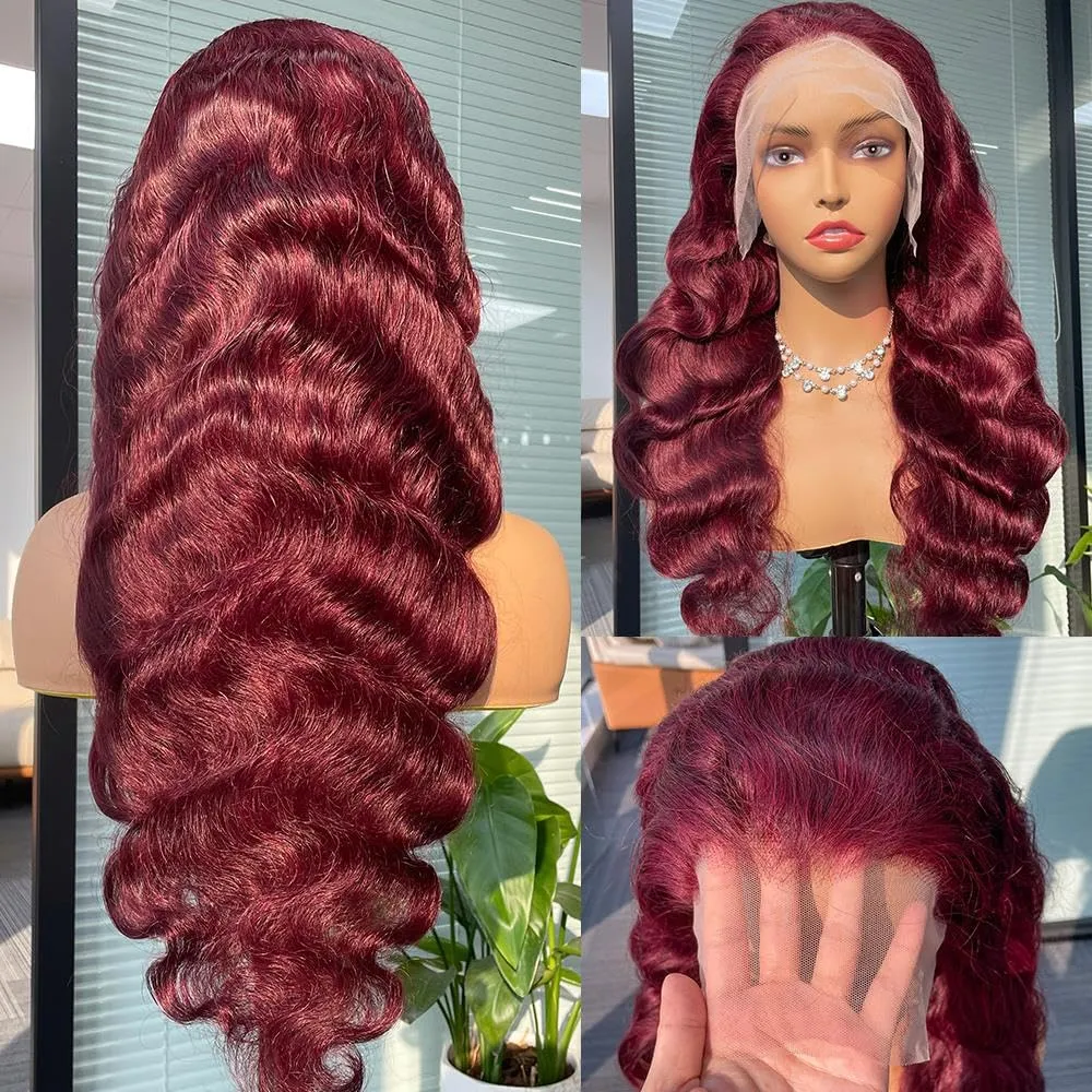 99J Burgundy Lace Front Wigs Human Hair 180% Density Bleached Knots 13x4 HD Transparent Body Wave Lace Front Wigs Human Hair (20Inch)
