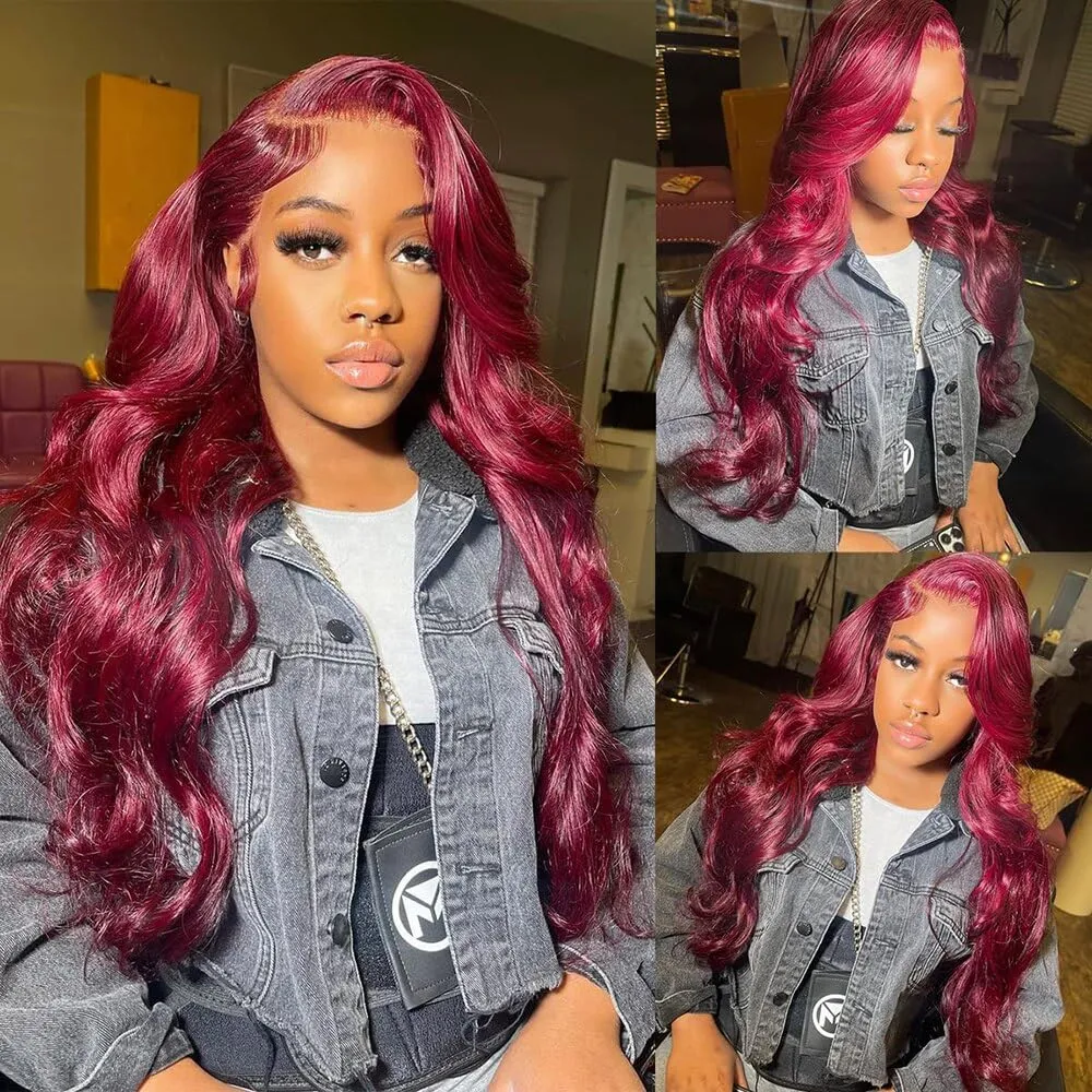 99J Burgundy Lace Front Wigs Human Hair 180% Density Bleached Knots 13x4 HD Transparent Body Wave Lace Front Wigs Human Hair (20Inch)