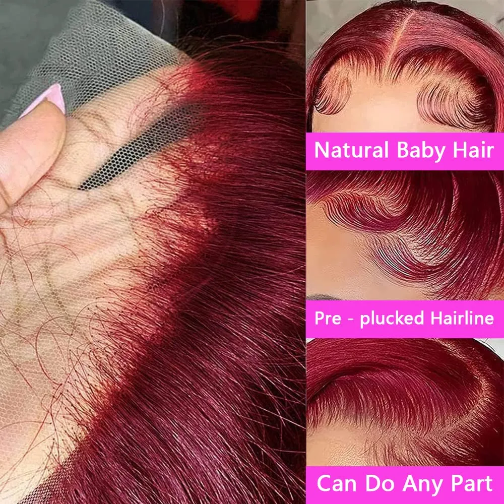 99J Burgundy Lace Front Wigs Human Hair 180% Density Bleached Knots 13x4 HD Transparent Body Wave Lace Front Wigs Human Hair (20Inch)