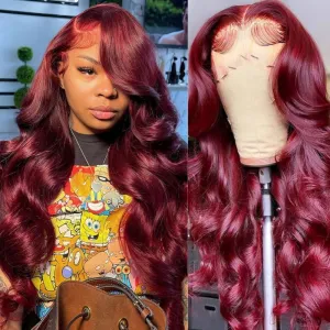 99J Burgundy Lace Front Wigs Human Hair 180% Density Bleached Knots 13x4 HD Transparent Body Wave Lace Front Wigs Human Hair (20Inch)
