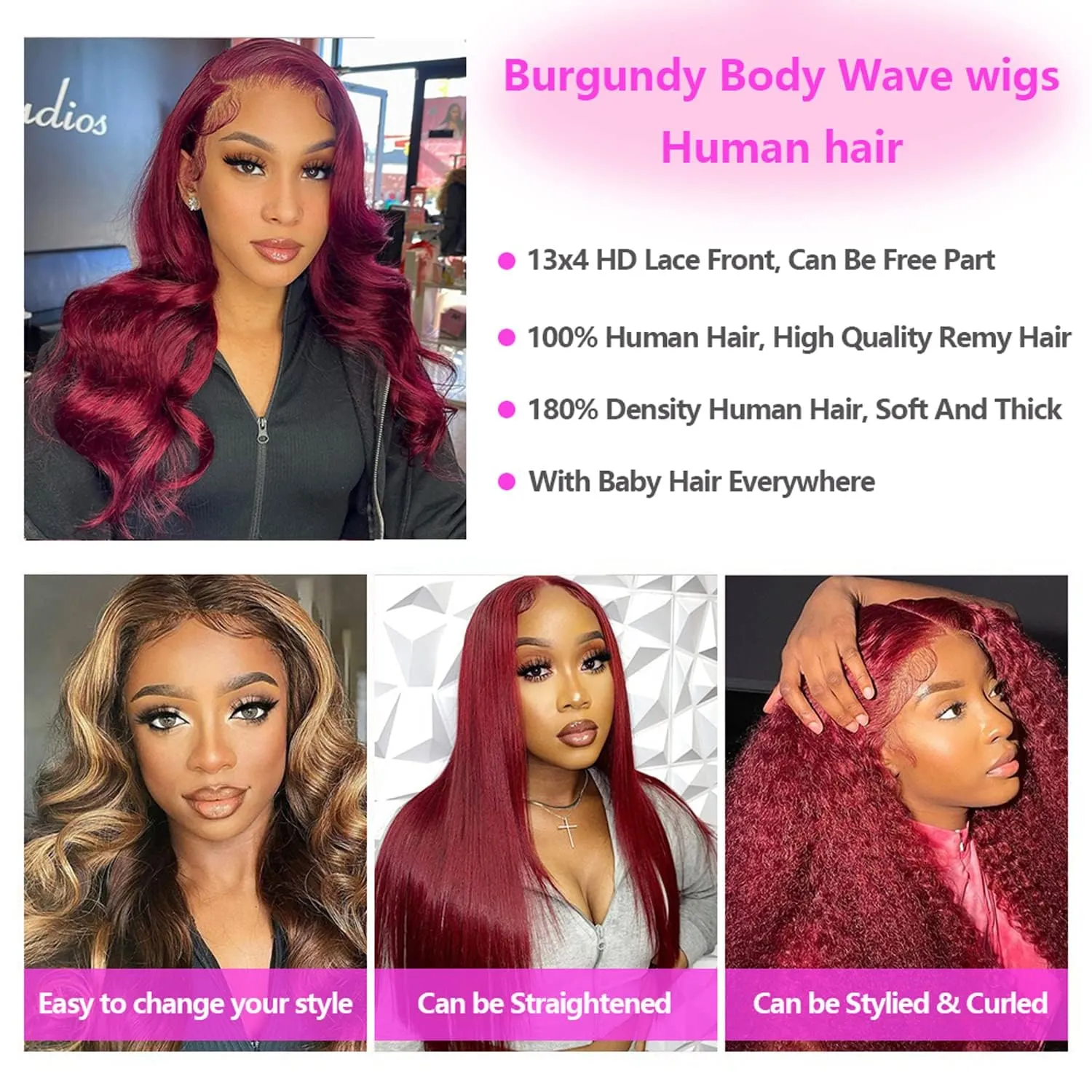 99J Burgundy Lace Front Wigs Human Hair 180% Density Bleached Knots 13x4 HD Transparent Body Wave Lace Front Wigs Human Hair (20Inch)