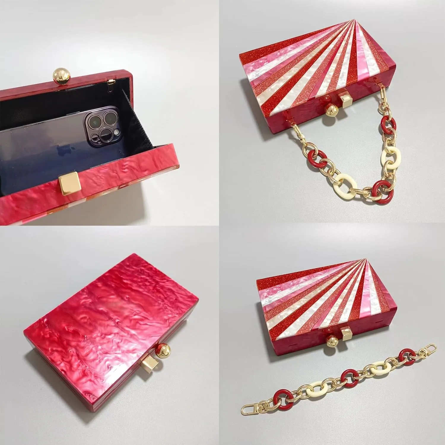 Acrylic Clutch Purse for Women Colorful Evening Handbag Geometric Marbling Box Bag with Detachable Chain