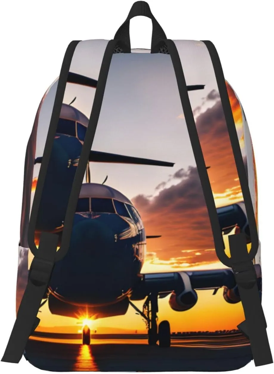 Aircraft Plane At Sunset Print Laptop Backpack For Women Travel Canvas Bookbag For Men Outdoor Fashion Casual Daypack, Medium, SB-122