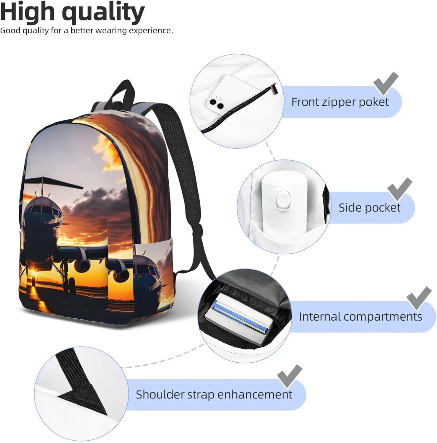 Aircraft Plane At Sunset Print Laptop Backpack For Women Travel Canvas Bookbag For Men Outdoor Fashion Casual Daypack, Medium, SB-122